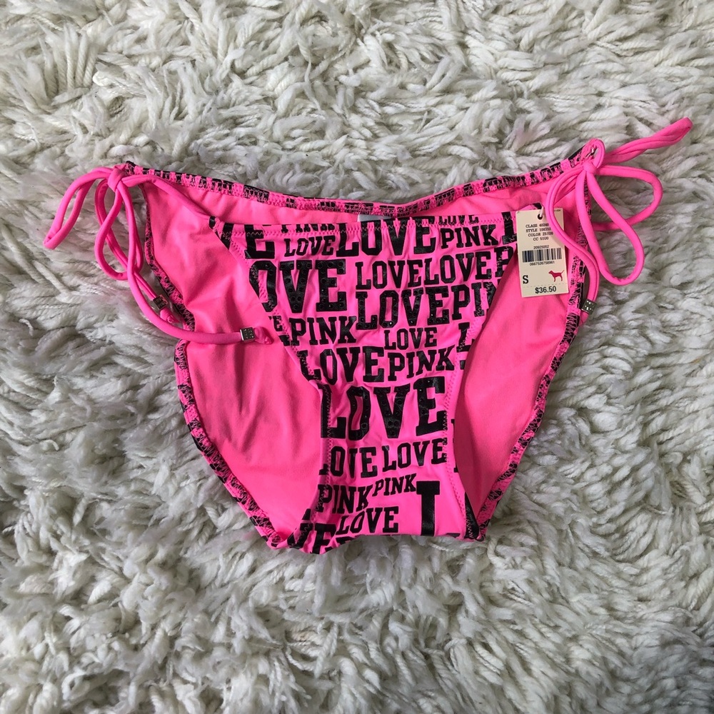 PINK Victoria’s Secret Love Pink Print Ruched Rhinestone Bikini Bottom - Picture 16 of 16